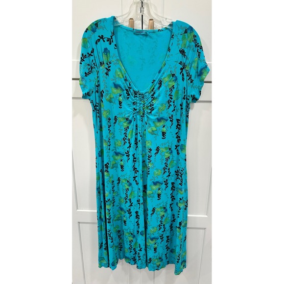 Fresh Produce Dress XL Aqua Blue Floral Print V Neck Short Sleeve Casual - Picture 1 of 6
